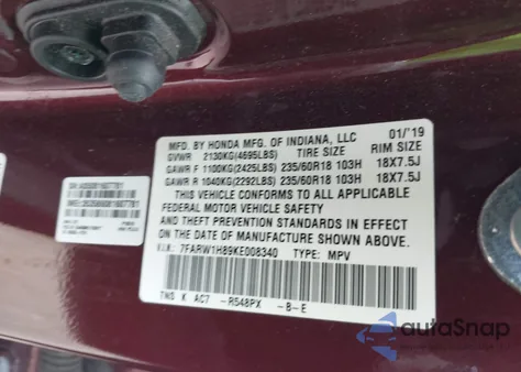 2019 Honda Cr-V Ex-L from USA, damaged, VIN 7FARW1H89KE008340